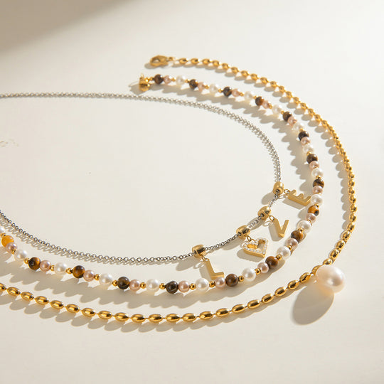 Stainless Steel Freshwater Pearl Tiger Eye Stone Pendant Bead Necklace