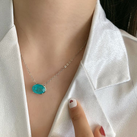 Vintage Clavicle Chain Inlaid With Paraiba Egg Shape