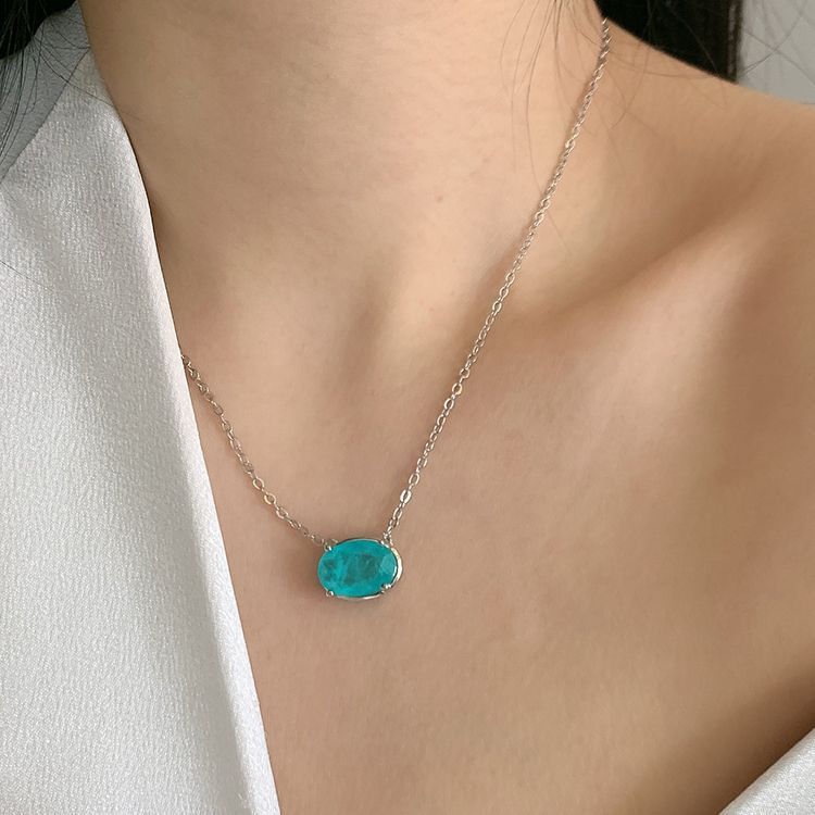 Vintage Clavicle Chain Inlaid With Paraiba Egg Shape