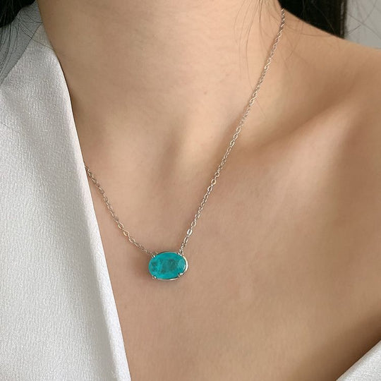 Vintage Clavicle Chain Inlaid With Paraiba Egg Shape