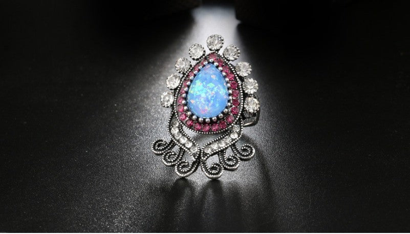 Blue Opal White Crystal Flower Silver Ring