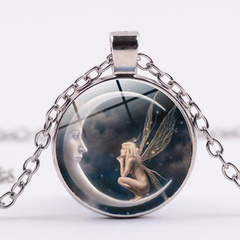 1 Pc Women Fairy On Moon Photo Cabochon Glass Pendant Necklace Sweater Chain Necklace Jewelry