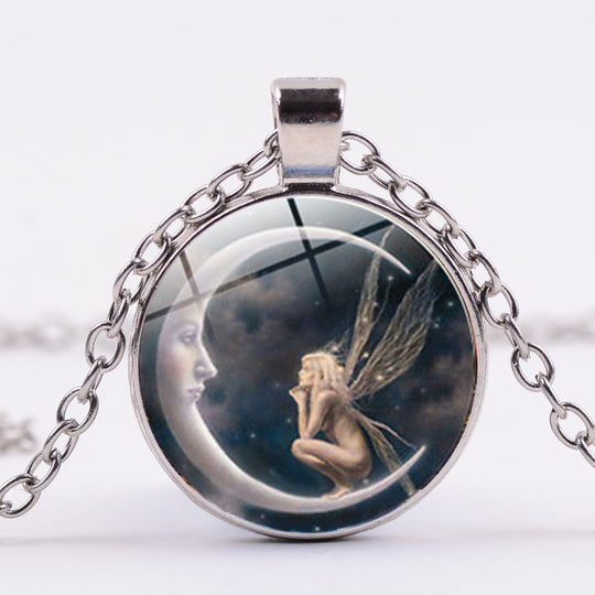 1 Pc Women Fairy On Moon Photo Cabochon Glass Pendant Necklace Sweater Chain Necklace Jewelry