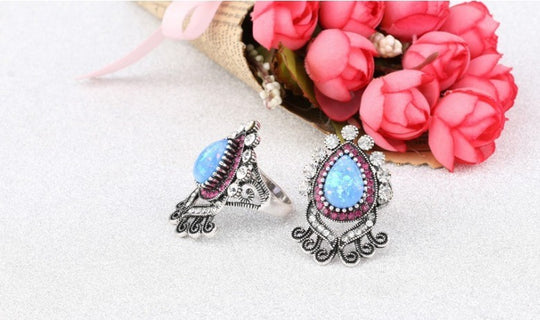 Blue Opal White Crystal Flower Silver Ring