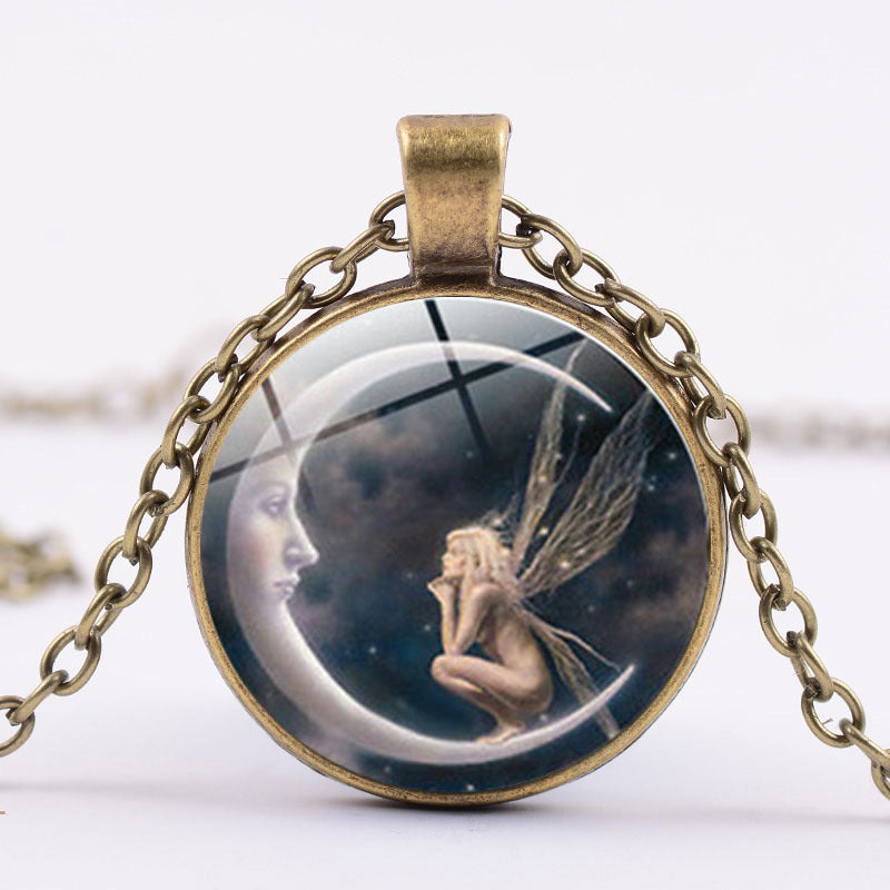 1 Pc Women Fairy On Moon Photo Cabochon Glass Pendant Necklace Sweater Chain Necklace Jewelry