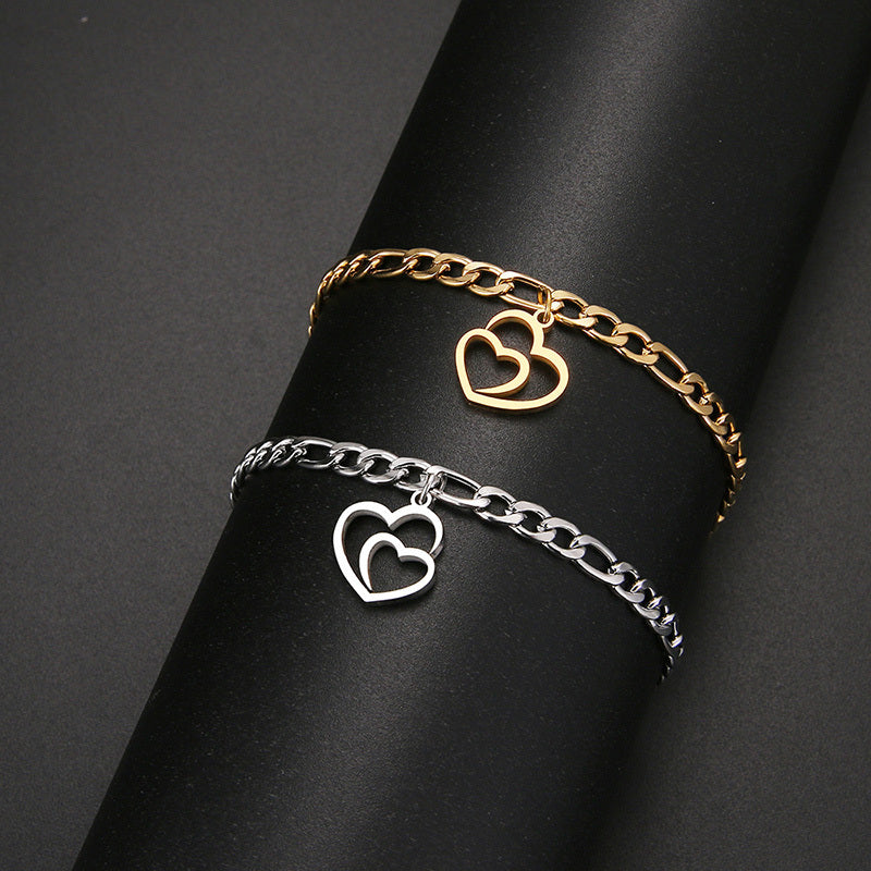 Stainless Steel Double Heart Charm Gold Chain Bracelet