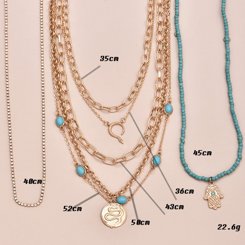Multilayer Women Eyes Turquoise Snake Palm Pendant Necklace