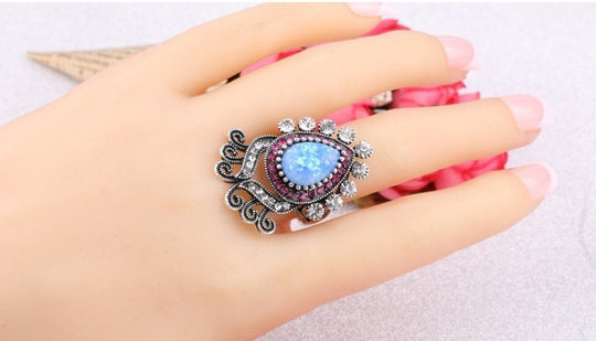 Blue Opal White Crystal Flower Silver Ring