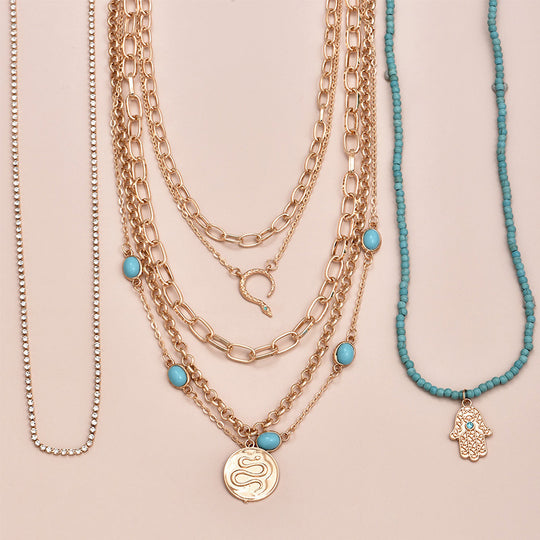 Multilayer Women Eyes Turquoise Snake Palm Pendant Necklace