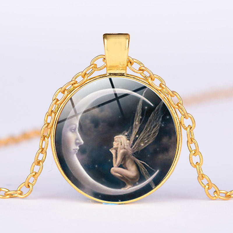 1 Pc Women Fairy On Moon Photo Cabochon Glass Pendant Necklace Sweater Chain Necklace Jewelry
