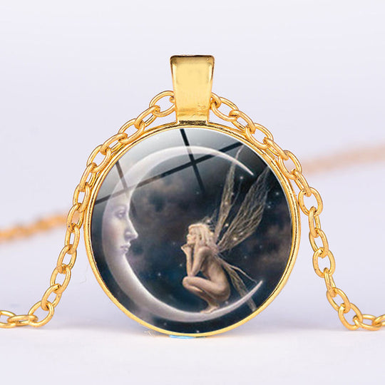 1 Pc Women Fairy On Moon Photo Cabochon Glass Pendant Necklace Sweater Chain Necklace Jewelry