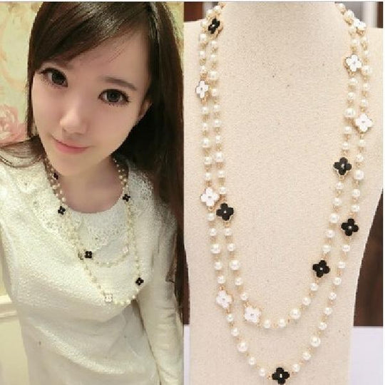 Fashion Long Pendants Layered Camellia Pearl Necklace