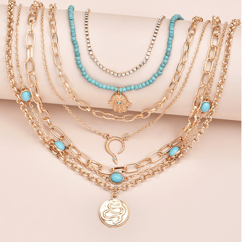 Multilayer Women Eyes Turquoise Snake Palm Pendant Necklace