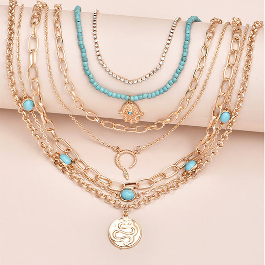 Multilayer Women Eyes Turquoise Snake Palm Pendant Necklace