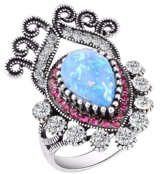 Blue Opal White Crystal Flower Silver Ring