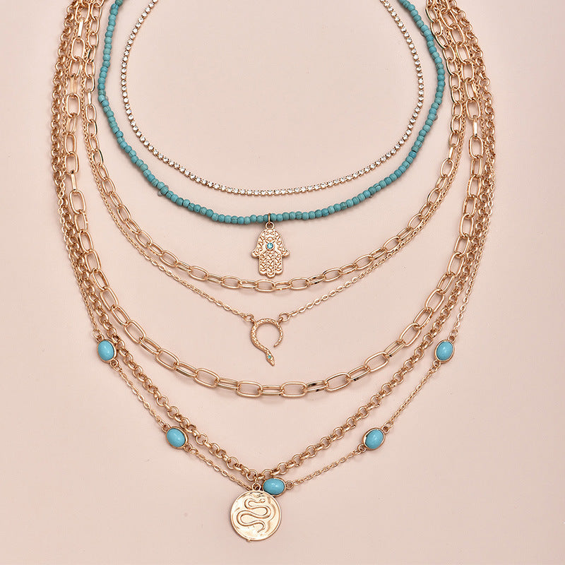 Multilayer Women Eyes Turquoise Snake Palm Pendant Necklace