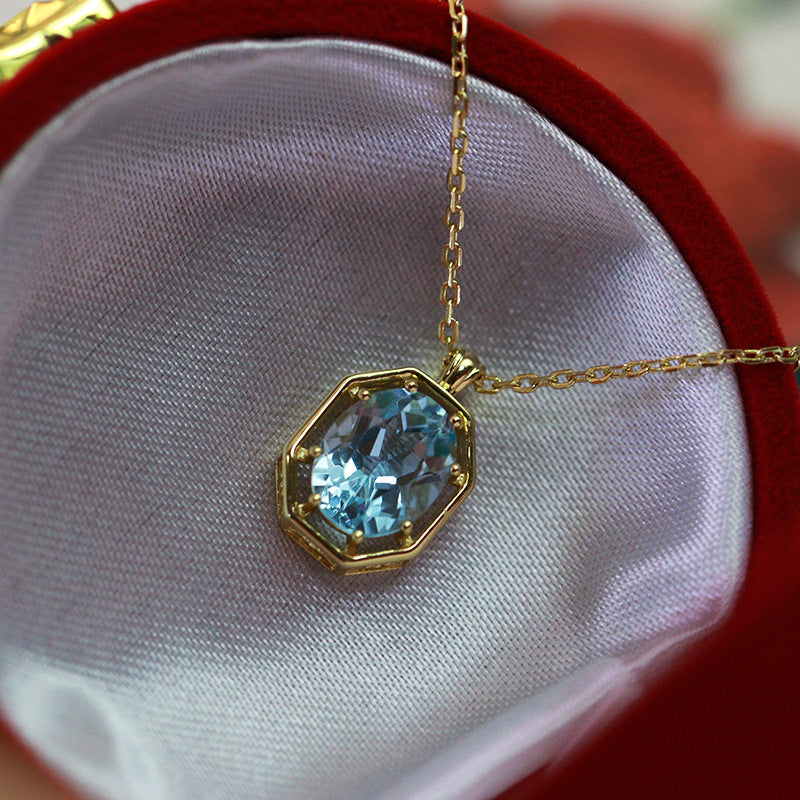 Silver Vintage Sky Blue Topaz Necklace Clavicle Chain Women